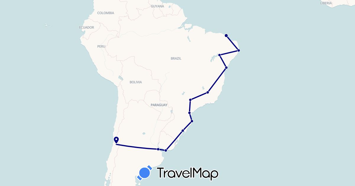 TravelMap itinerary: driving in Argentina, Brazil, Chile, Uruguay (South America)